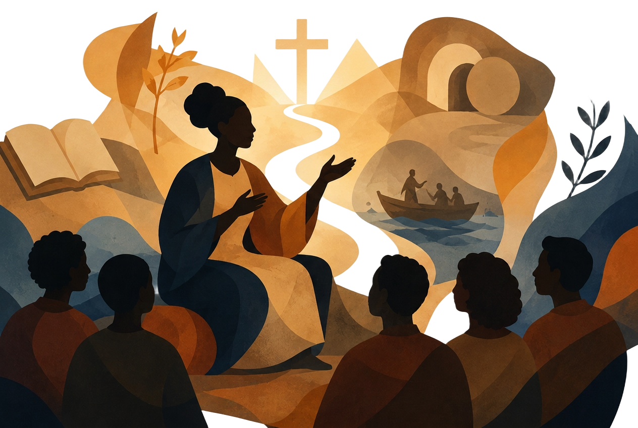 A storyteller sharing Christ-centered stories with listeners, surrounded by symbols of Scripture, the cross, and a boat on the water